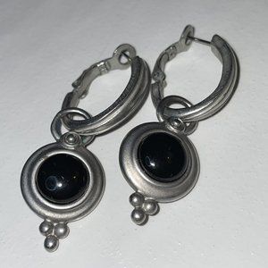 Signed LCI Drop Dangle Pierced Earrings Silver Tone Metal‎ Black Lucite Vintage